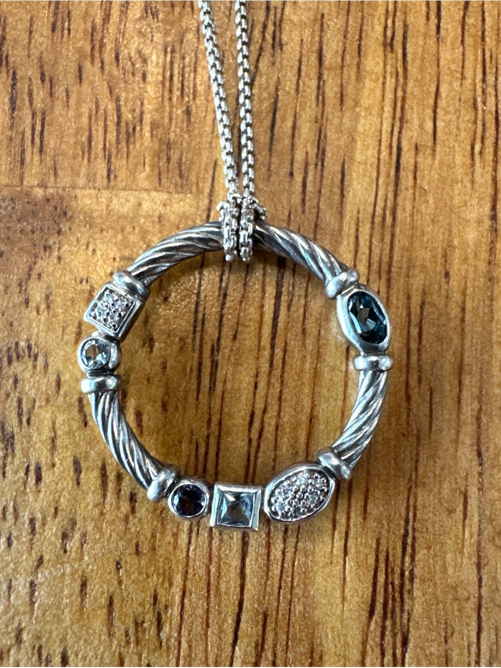 David Yurman Silver Cable Circle Necklace with Blue-Green Gem Accents